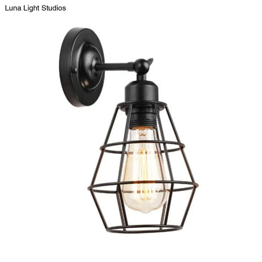 Rustic Iron Wire Cage Rotating Wall Lamp With 1 Light For Bedroom Reading - Black (With/Without