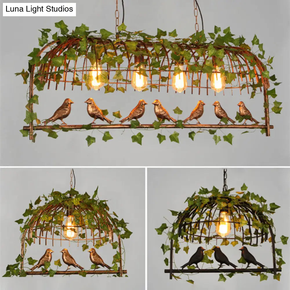 Rustic Island Ceiling Light With Cast Iron Birdcage Fixture Bird & Leaf Deco