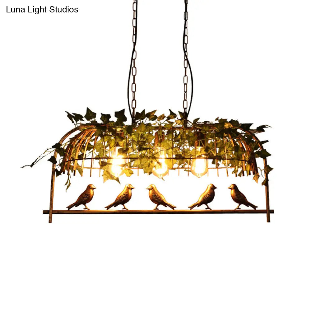 Rustic Island Ceiling Light With Cast Iron Birdcage Fixture Bird & Leaf Deco