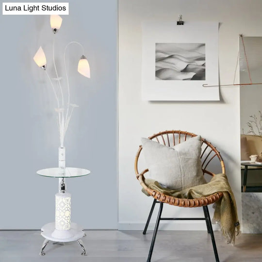 Rustic Ivory Glass 3-Light Floor Lamp With Table Tulip Living Room Standing Light