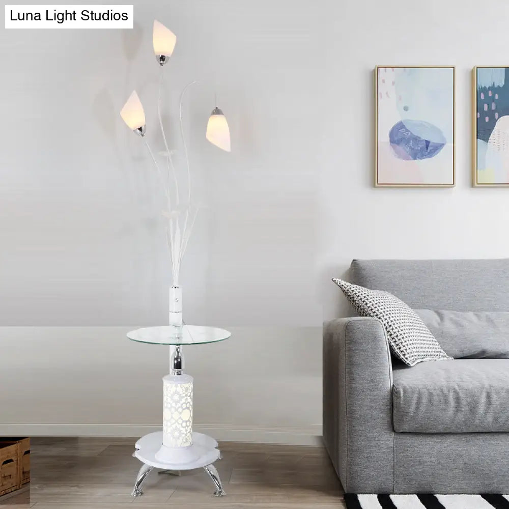 Rustic Ivory Glass 3-Light Floor Lamp With Table Tulip Living Room Standing Light