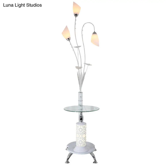 Rustic Ivory Glass 3-Light Floor Lamp With Table Tulip Living Room Standing Light