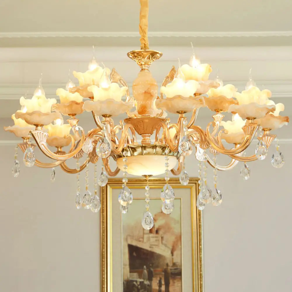 Rustic Jade Gold Chandelier - Floral Living Room Pendant With Crystal Draping 15 / A