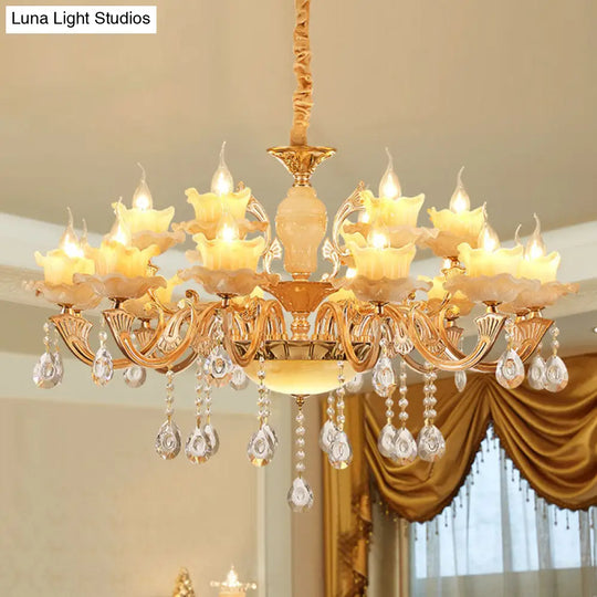 Rustic Jade Gold Chandelier - Floral Living Room Pendant With Crystal Draping