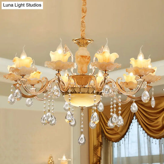 Rustic Jade Gold Chandelier - Floral Living Room Pendant With Crystal Draping