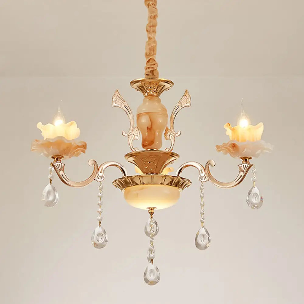 Rustic Jade Gold Chandelier - Floral Living Room Pendant With Crystal Draping 3 / A