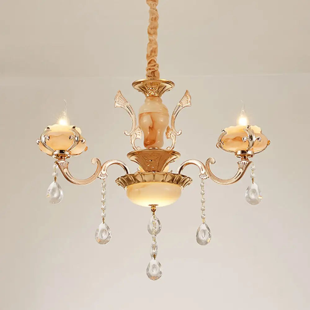 Rustic Jade Gold Chandelier - Floral Living Room Pendant With Crystal Draping 3 / C