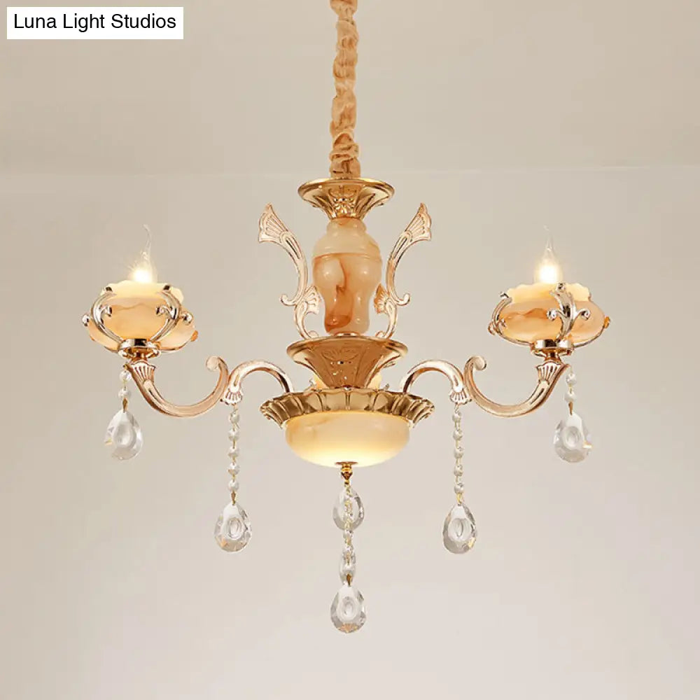 Rustic Jade Gold Chandelier - Floral Living Room Pendant With Crystal Draping