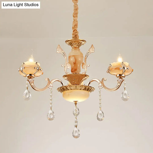 Rustic Jade Gold Chandelier - Floral Living Room Pendant With Crystal Draping