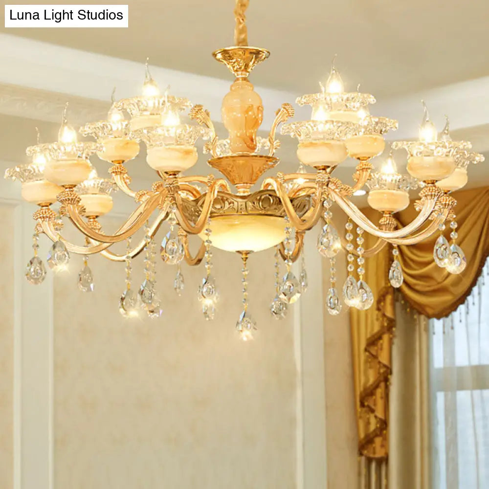 Rustic Jade Gold Chandelier - Floral Living Room Pendant With Crystal Draping