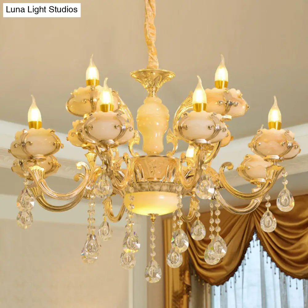 Rustic Jade Gold Chandelier - Floral Living Room Pendant With Crystal Draping