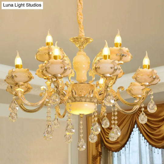 Rustic Jade Gold Chandelier - Floral Living Room Pendant With Crystal Draping