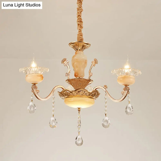 Rustic Jade Gold Chandelier - Floral Living Room Pendant With Crystal Draping