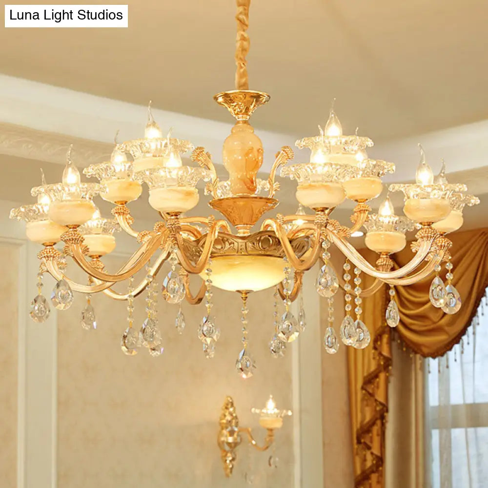 Rustic Jade Gold Chandelier - Floral Living Room Pendant With Crystal Draping