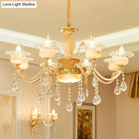 Rustic Jade Gold Chandelier - Floral Living Room Pendant With Crystal Draping