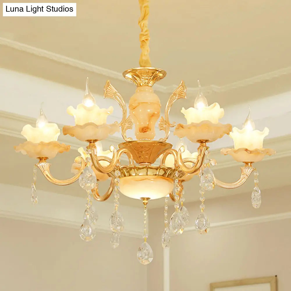 Rustic Jade Gold Chandelier - Floral Living Room Pendant With Crystal Draping