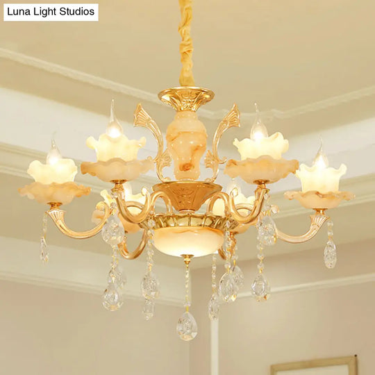 Rustic Jade Gold Chandelier - Floral Living Room Pendant With Crystal Draping