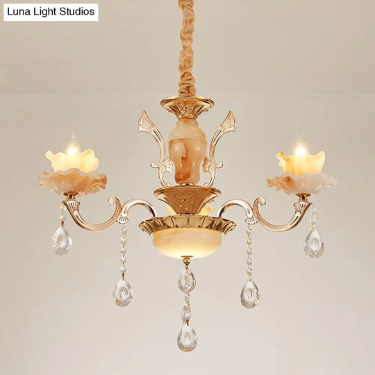 Rustic Jade Gold Chandelier - Floral Living Room Pendant With Crystal Draping