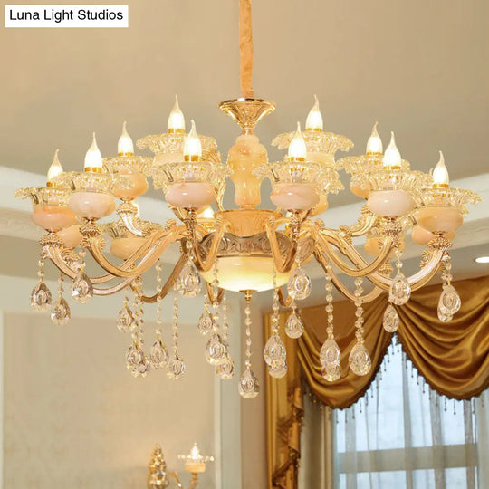 Rustic Jade Gold Chandelier - Floral Living Room Pendant With Crystal Draping