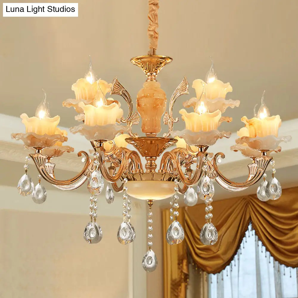 Rustic Jade Gold Chandelier - Floral Living Room Pendant With Crystal Draping