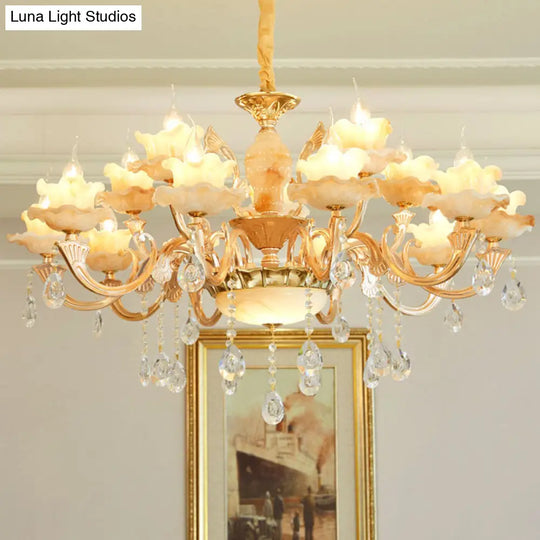 Rustic Jade Gold Chandelier - Floral Living Room Pendant With Crystal Draping