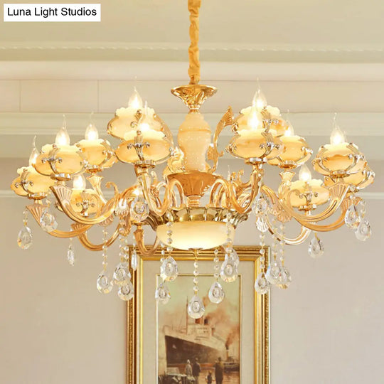 Rustic Jade Gold Chandelier - Floral Living Room Pendant With Crystal Draping