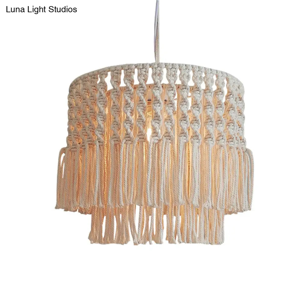 Rustic Jute Rope Fringe Ceiling Lamp - 1-Light Living Room Pendant Light In Beige