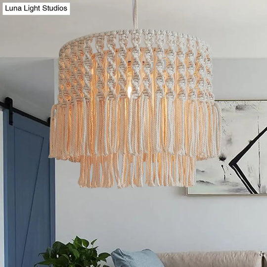 Rustic Jute Rope Fringe Ceiling Lamp - 1-Light Living Room Pendant Light In Beige