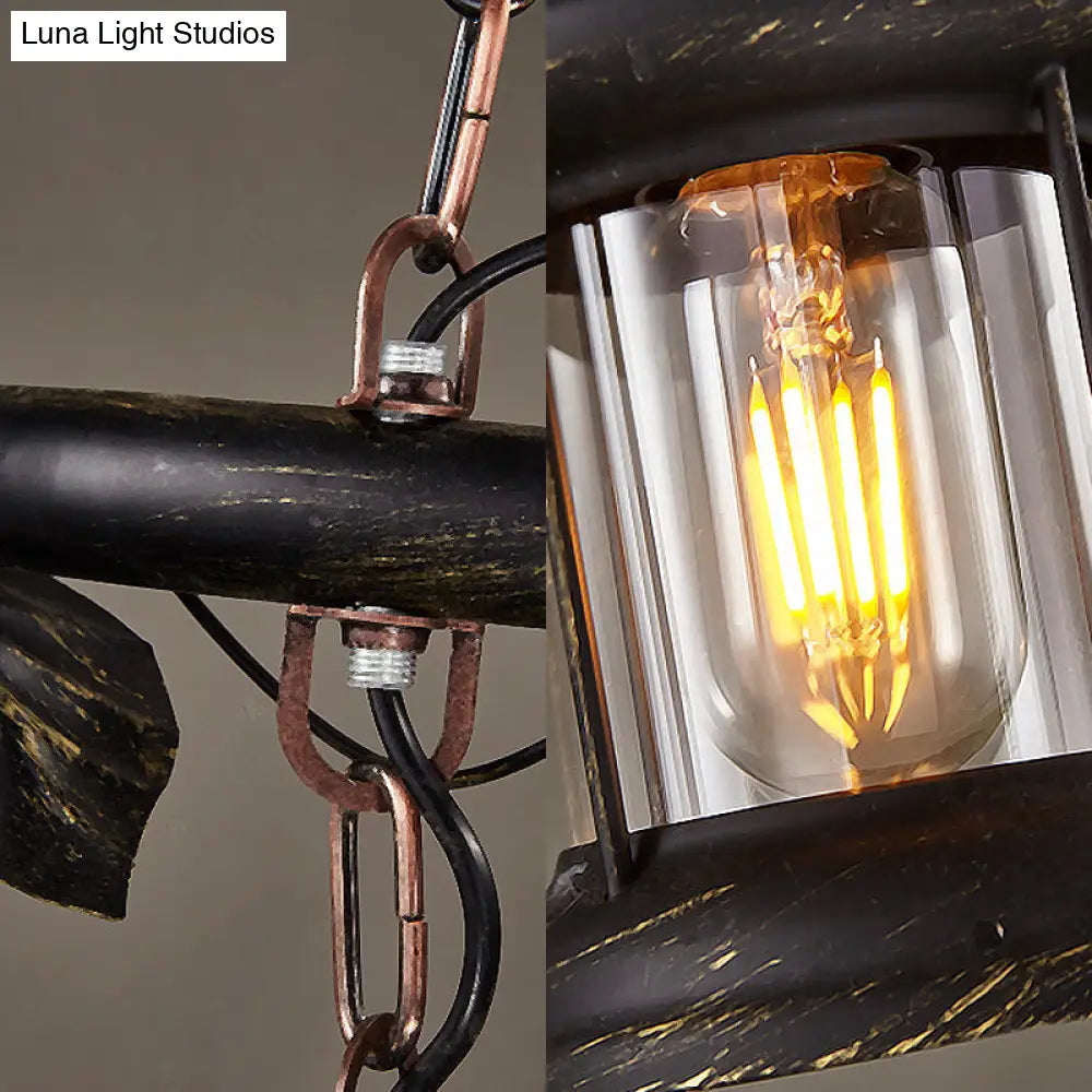 Rustic Kerosene Island Lamp: 2 Lights Clear Glass Antique Brass Finish - Perfect For Coffee Shop