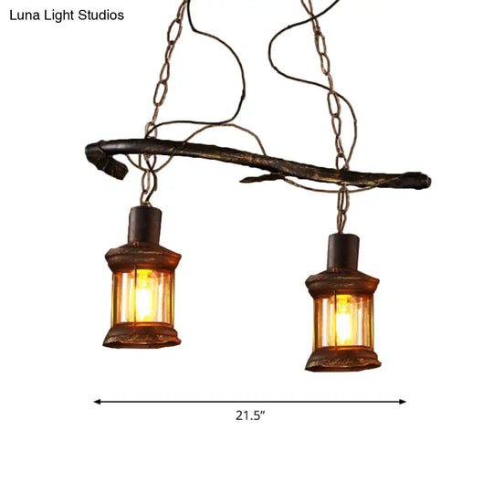 Rustic Kerosene Island Lamp: 2 Lights Clear Glass Antique Brass Finish - Perfect For Coffee Shop