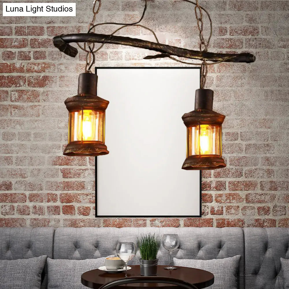 Rustic Kerosene Island Lamp: 2 Lights Clear Glass Antique Brass Finish - Perfect For Coffee Shop