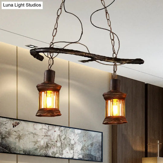 Rustic Kerosene Island Lamp: 2 Lights Clear Glass Antique Brass Finish - Perfect For Coffee Shop