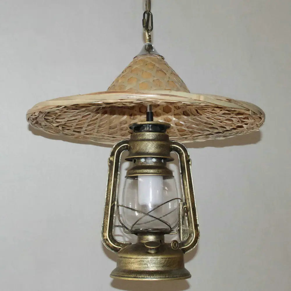 Rustic Kerosene Pendant Light With Clear Glass And Coolie Hat Deco - Black/Bronze/Copper Finish
