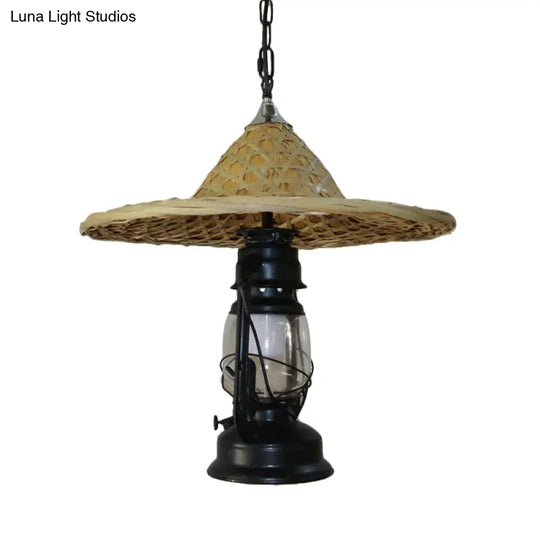 Rustic Clear Glass Kerosene Pendant Ceiling Hang Light In Black/Bronze/Copper With Coolie Hat Deco