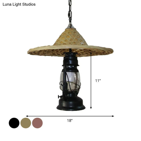 Rustic Clear Glass Kerosene Pendant Ceiling Hang Light In Black/Bronze/Copper With Coolie Hat Deco