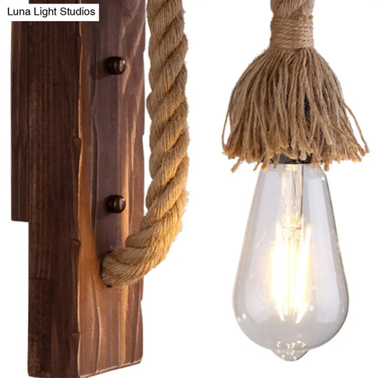 Rustic L-Shaped Wall Mount With Hemp Rope Cord - Brown Wood Dining Room Fixture