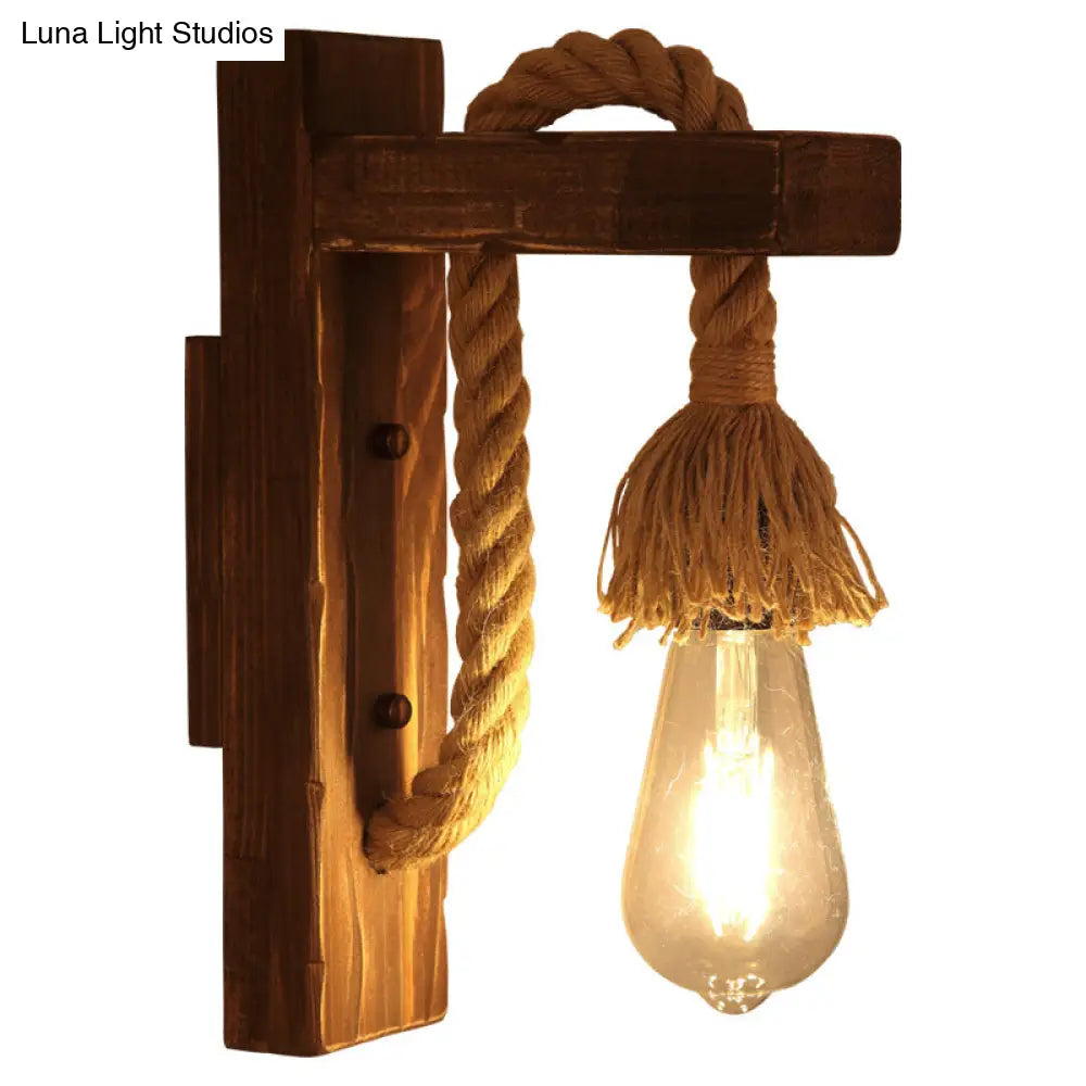 Rustic L-Shaped Wall Mount With Hemp Rope Cord - Brown Wood Dining Room Fixture