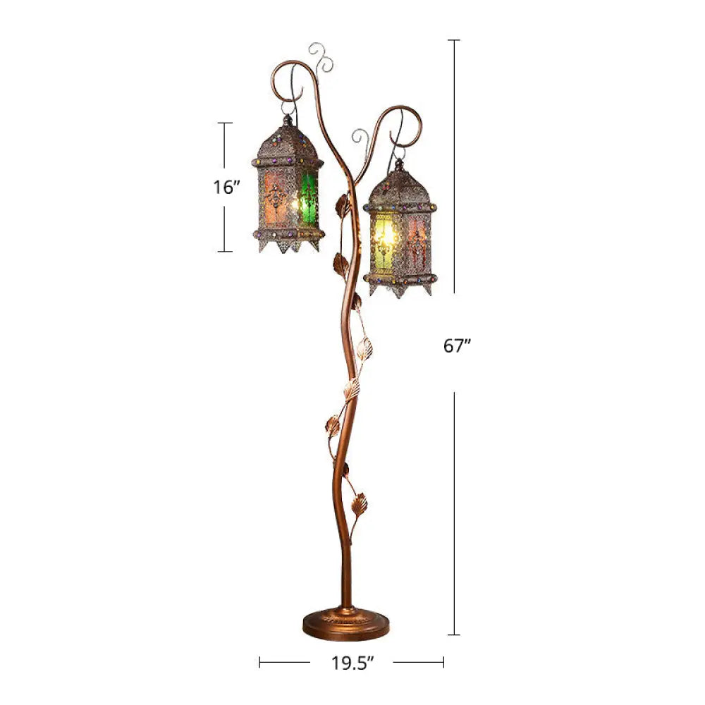 Rustic Lantern Floor Lamp With Ivy Decor - Metal Stand 2 Bulbs Brown Ideal For Living Rooms