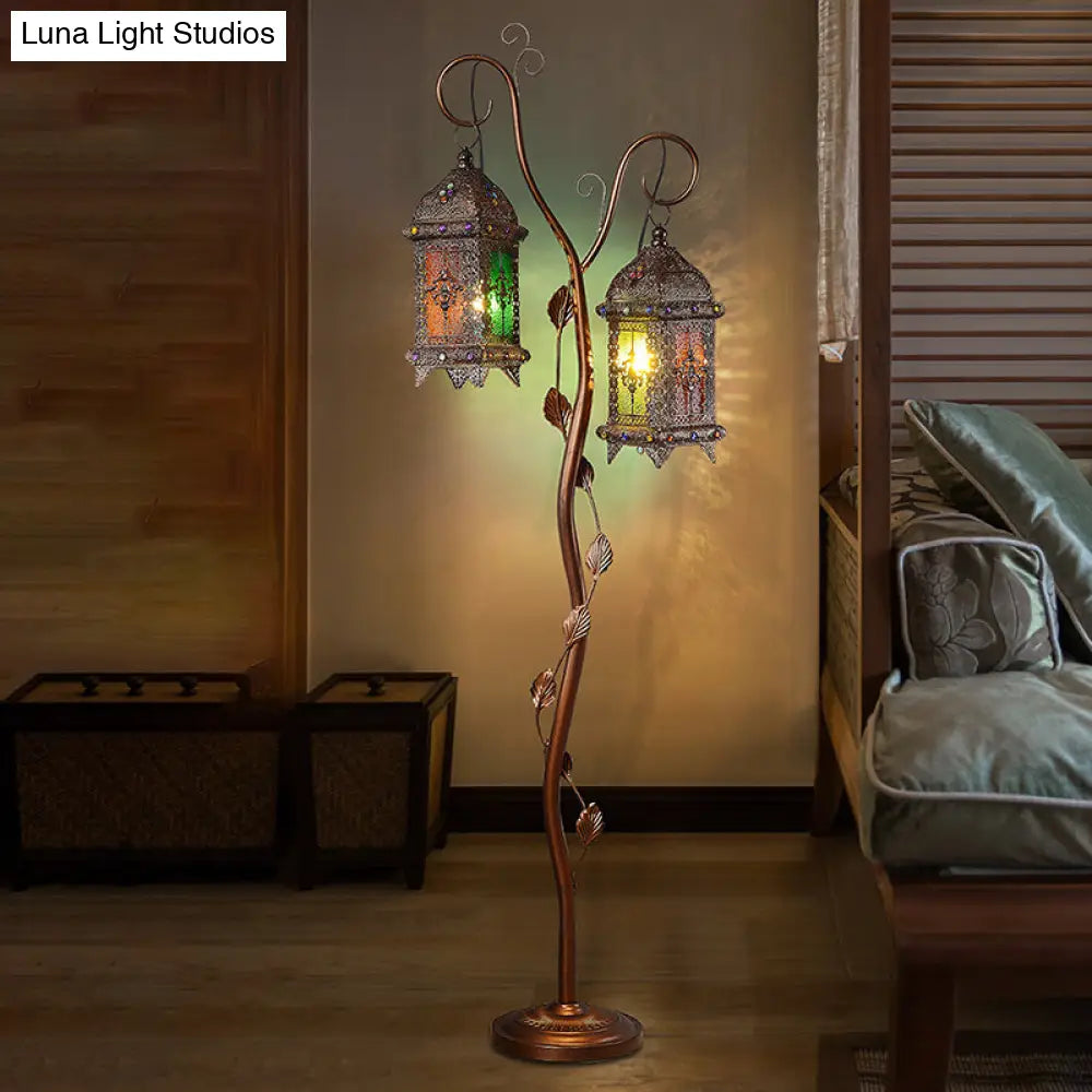 Rustic Lantern Floor Lamp With Ivy Decor - Metal Stand 2 Bulbs Brown Ideal For Living Rooms