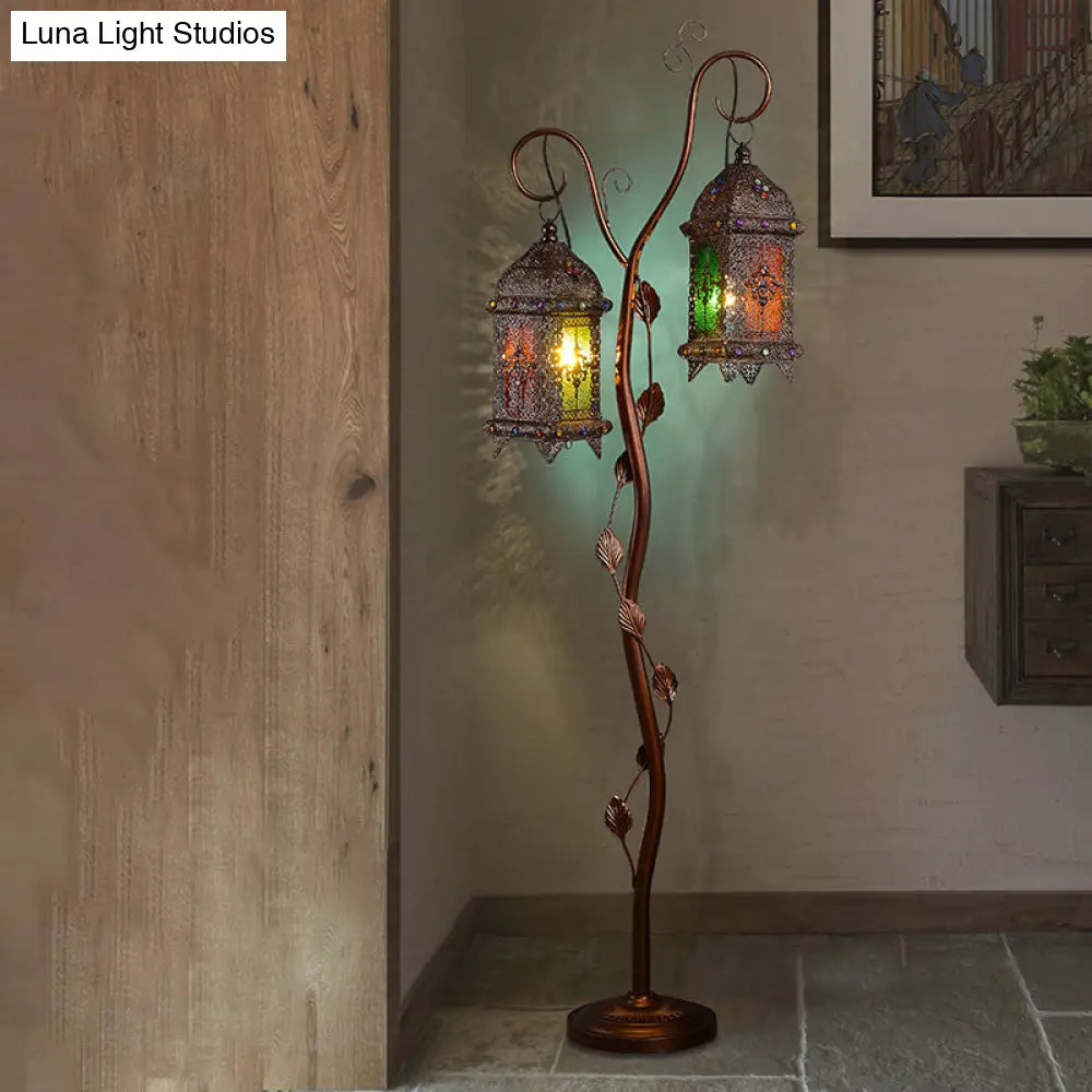 Rustic Lantern Floor Lamp With Ivy Decor - Metal Stand 2 Bulbs Brown Ideal For Living Rooms