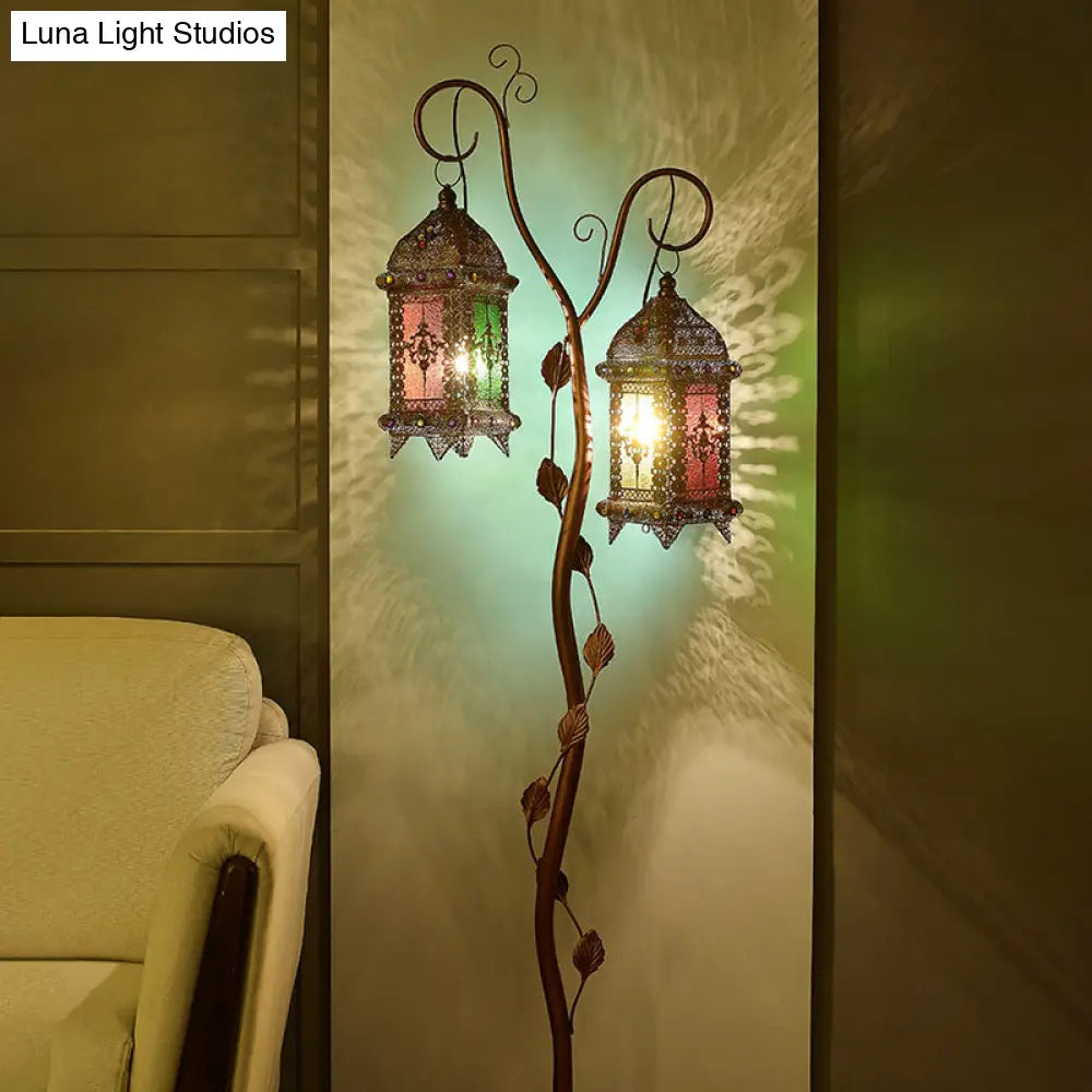 Rustic Lantern Floor Lamp With Ivy Decor - Metal Stand 2 Bulbs Brown Ideal For Living Rooms