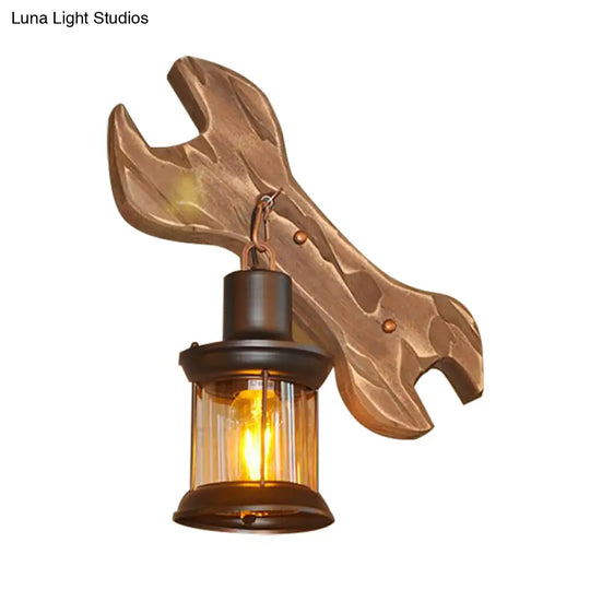 Rustic Lantern Indoor Wall Light: Unique Design Clear Glass 1 Light Sconce Lamp With Wooden