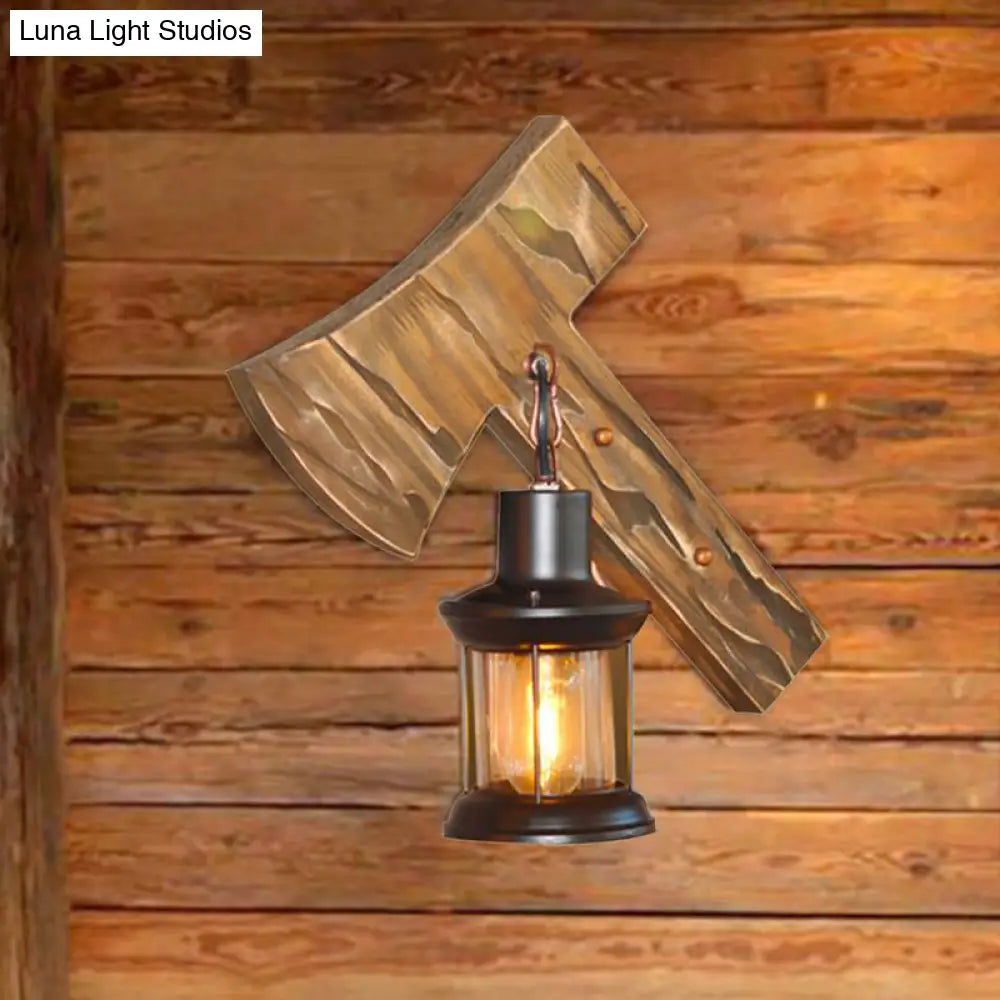 Rustic Lantern Indoor Wall Light: Unique Design Clear Glass 1 Light Sconce Lamp With Wooden