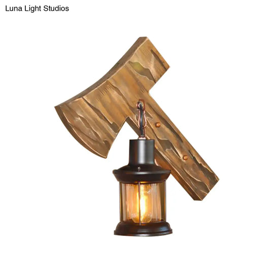 Rustic Lantern Indoor Wall Light: Unique Design Clear Glass 1 Light Sconce Lamp With Wooden