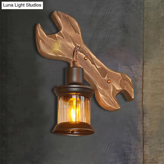 Rustic Lantern Indoor Wall Light: Unique Design Clear Glass 1 Light Sconce Lamp With Wooden