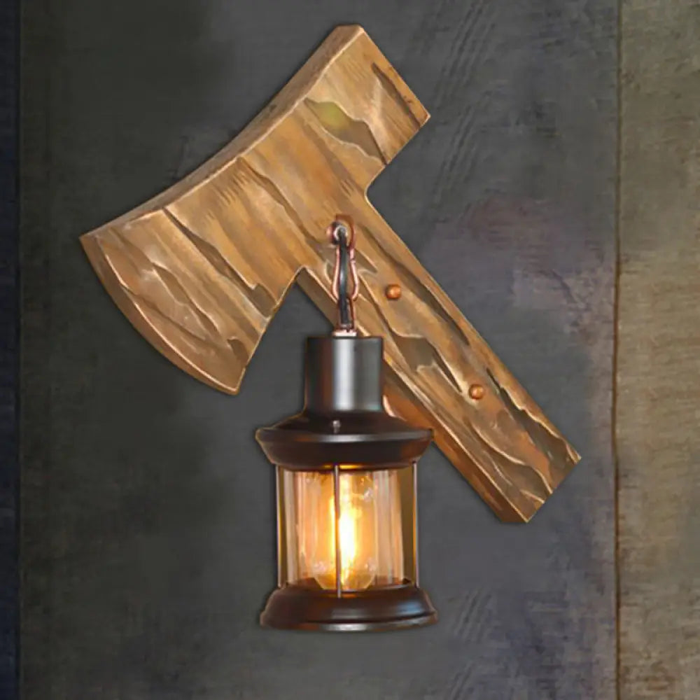 Rustic Lantern Indoor Wall Light: Unique Design Clear Glass 1 Light Sconce Lamp With Wooden