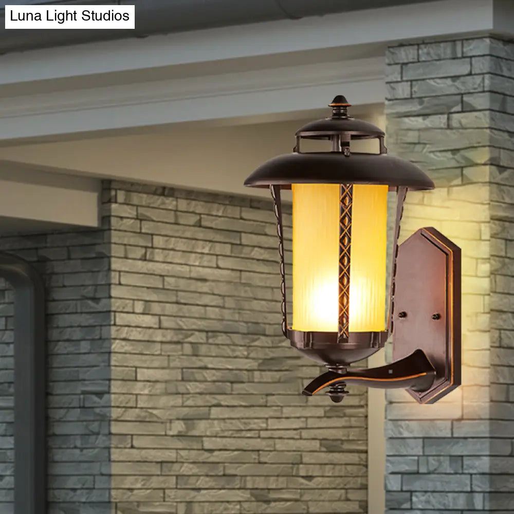 Rustic Lantern Wall Sconce Lamp - Opal Frosted Glass Lighting Fixture In Dark Coffee