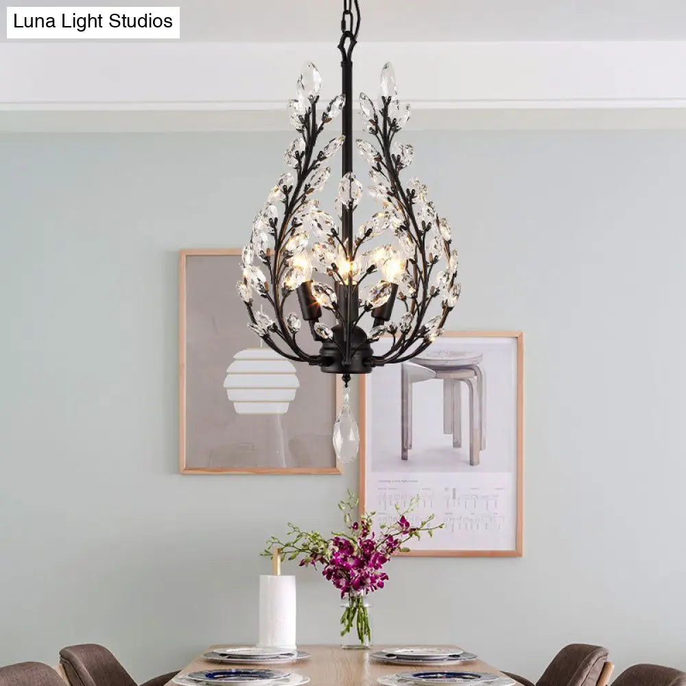 Rustic Laurel Chandelier - 4-Light Crystal Pendant In Black