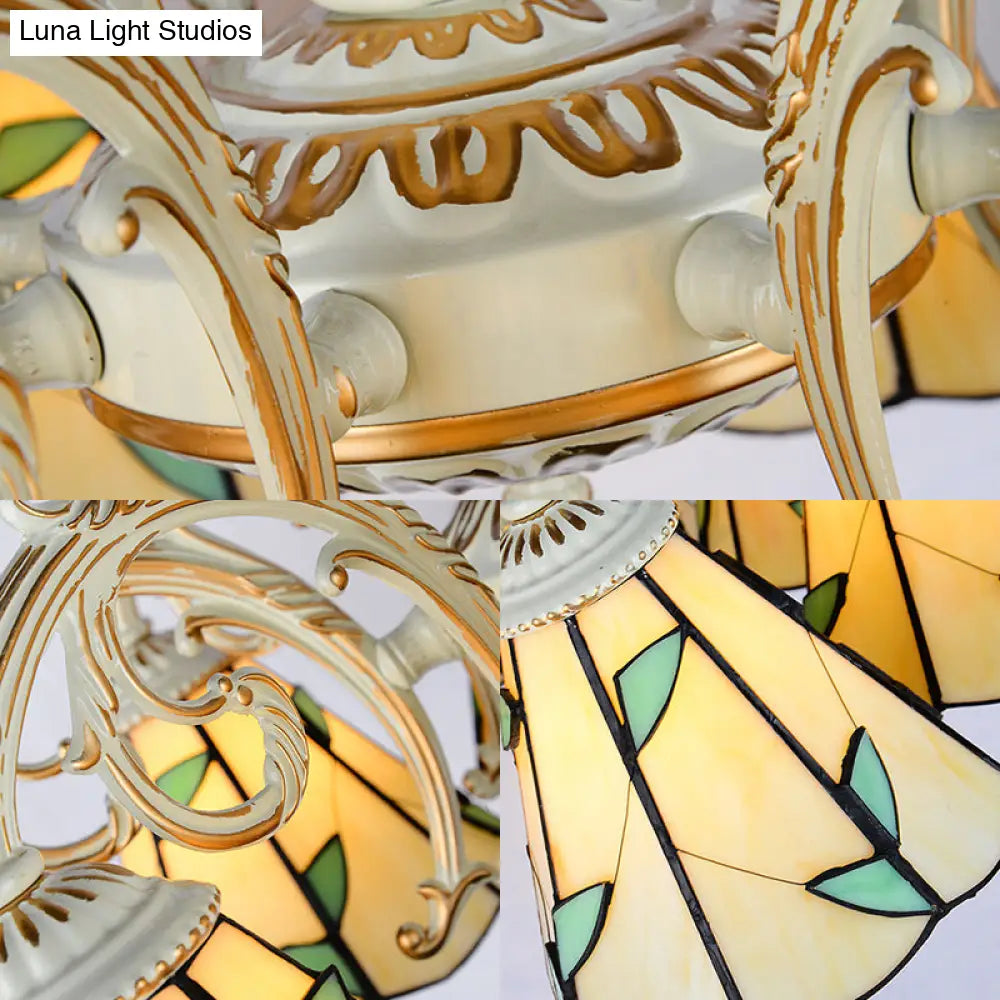 Rustic Leaf Chandelier Lamp With Curved Arm - Beige Glass 3/5/6/8 Lights Ideal For Living Rooms