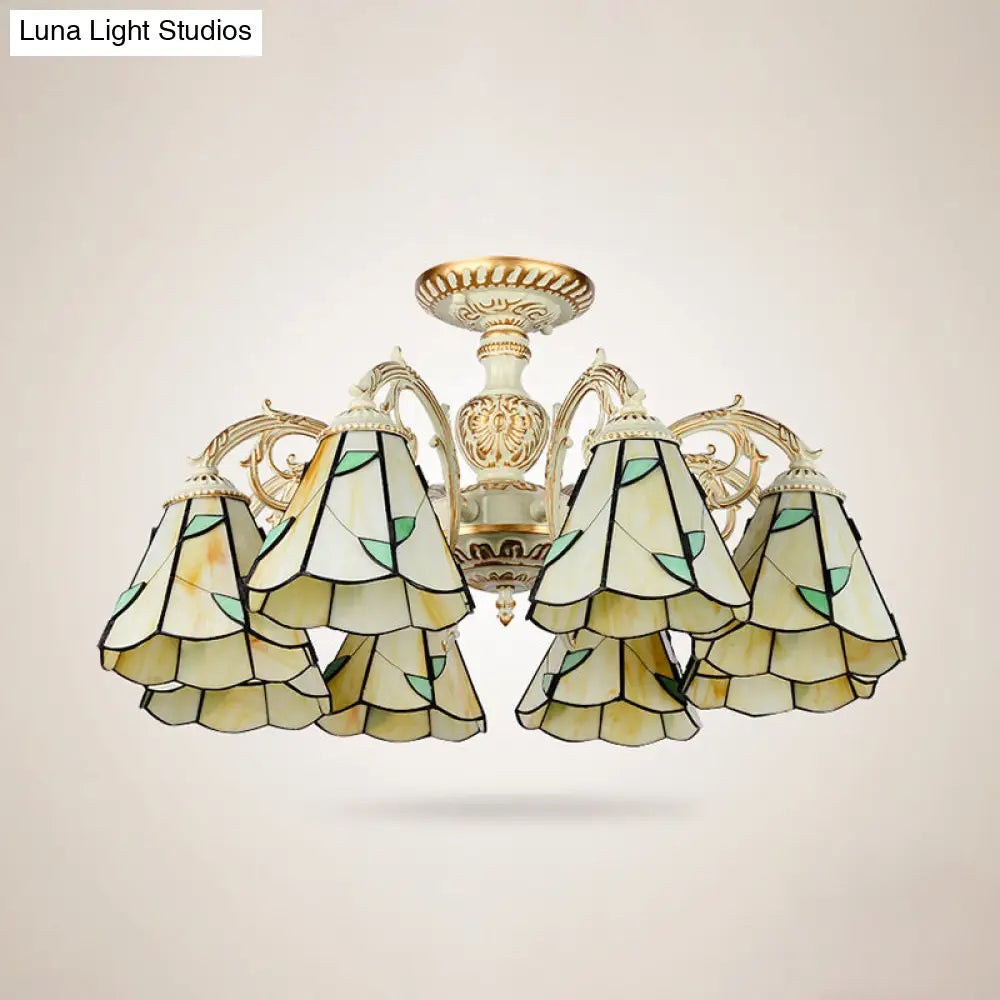 Rustic Leaf Chandelier With Curved Arms Available In 3-8 Lights And Beige Glass For Living Room